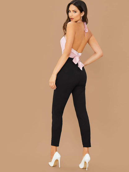 Sleeveless Backless Halterneck Split Front Combo Jumpsuit