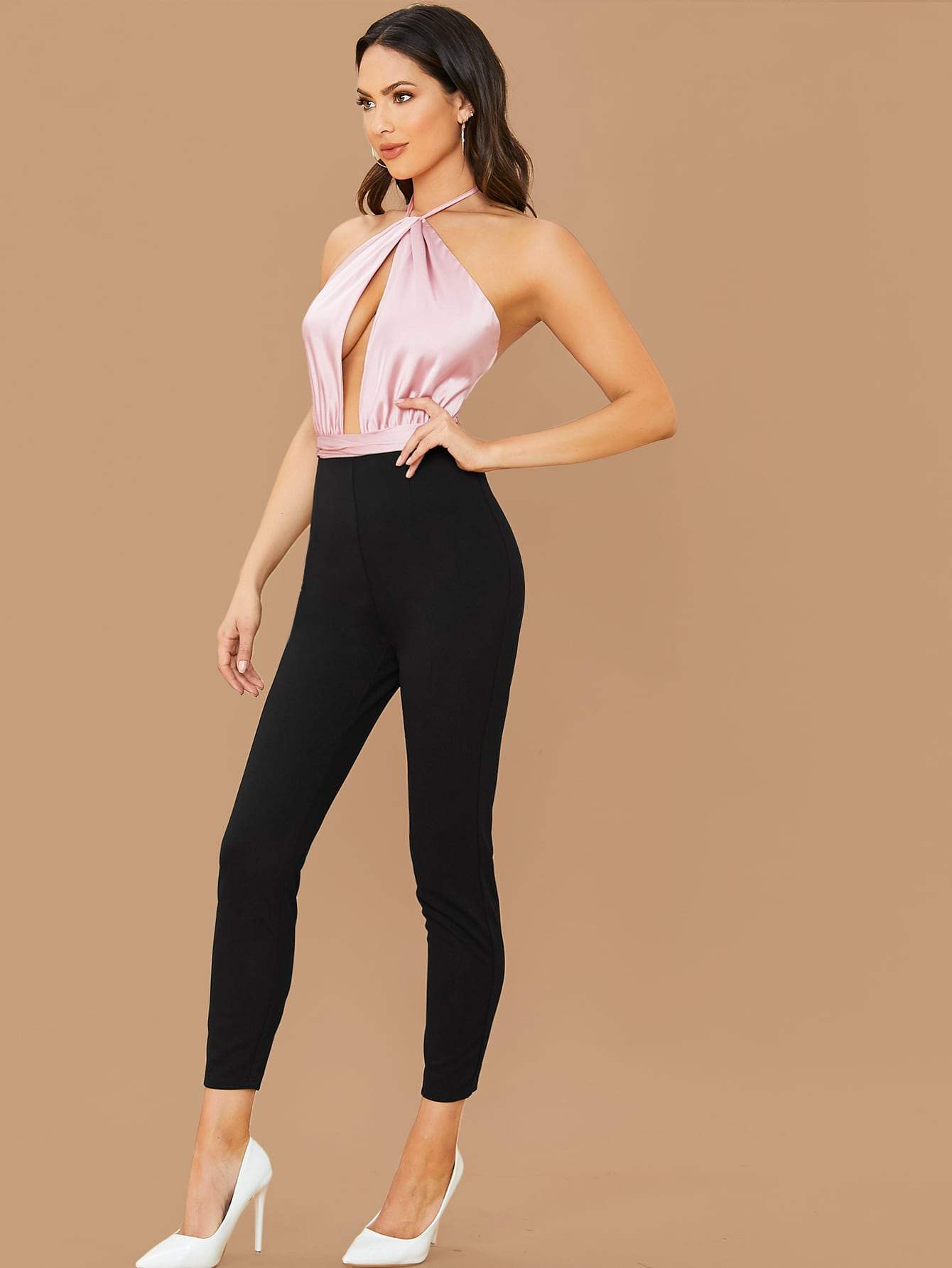 Sleeveless Backless Halterneck Split Front Combo Jumpsuit