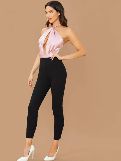 Sleeveless Backless Halterneck Split Front Combo Jumpsuit