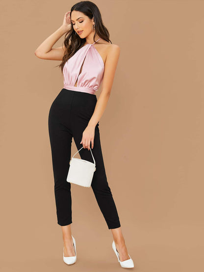 Sleeveless Backless Halterneck Split Front Combo Jumpsuit