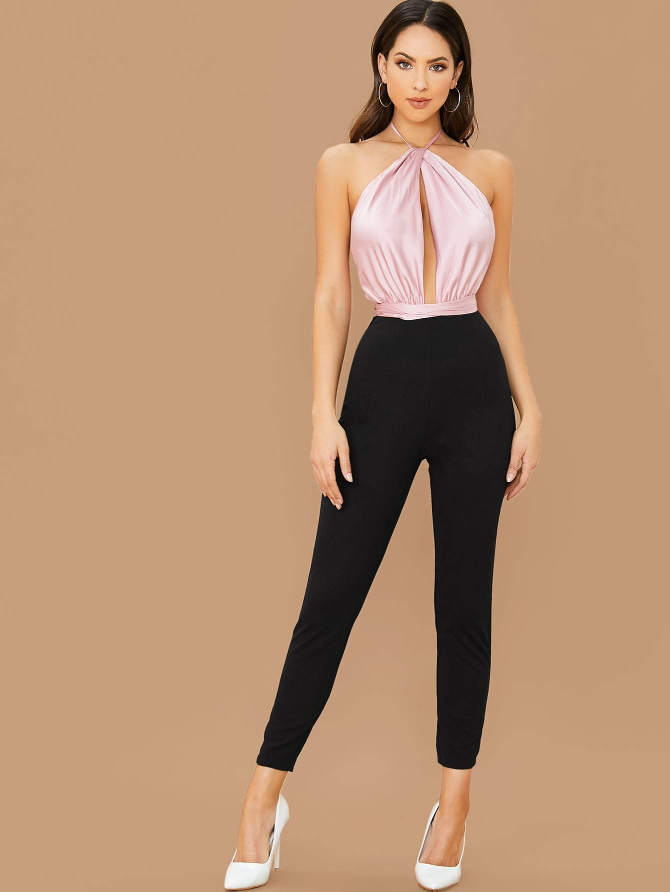 Sleeveless Backless Halterneck Split Front Combo Jumpsuit