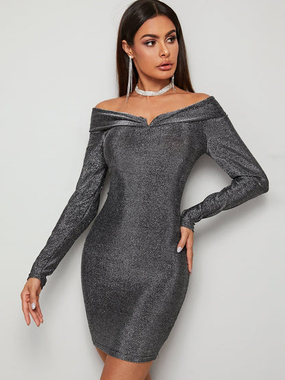 Grey Sparkly Glitter Off Shoulder Ruched Mini Slim Fit Dress