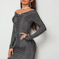 Grey Sparkly Glitter Off Shoulder Ruched Mini Slim Fit Dress