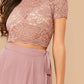 Pastel Pink Round Neck Scallop Edge Lace Top and High Split Skirt Set