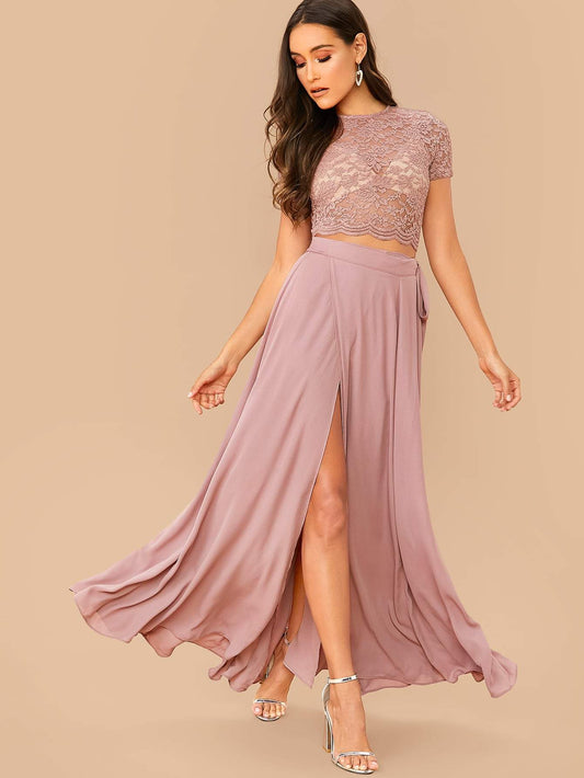 Pastel Pink Round Neck Scallop Edge Lace Top and High Split Skirt Set