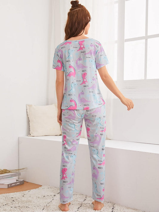 Round Neck Cartoon Dinosaur Print Pyjama Sleepwear Set and Eye Mask