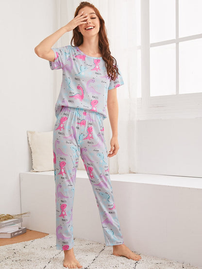 Round Neck Cartoon Dinosaur Print Pyjama Sleepwear Set and Eye Mask