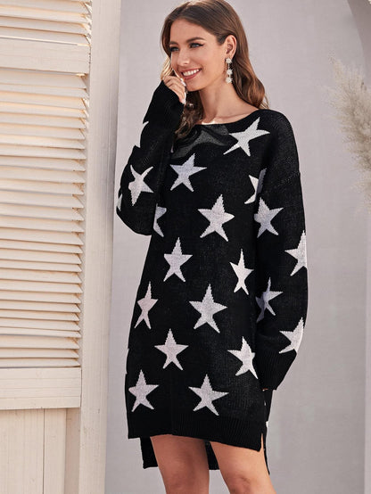 Boat Neck High Low Slit Hem All Over Star Sweater Dress