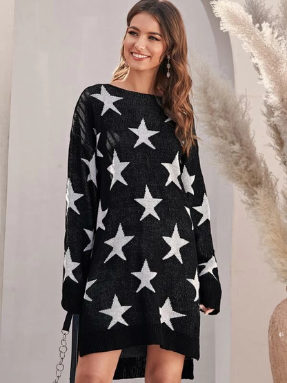 Boat Neck High Low Slit Hem All Over Star Sweater Dress