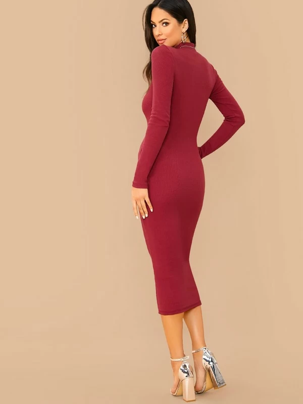 Stand Collar Slim Fit Mock-neck Solid Pencil Dress