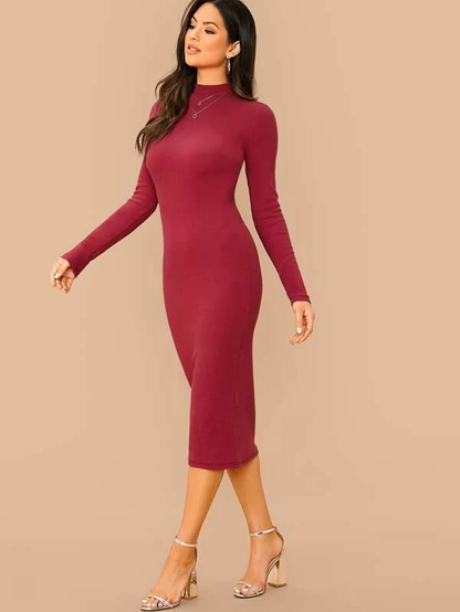 Stand Collar Slim Fit Mock-neck Solid Pencil Dress