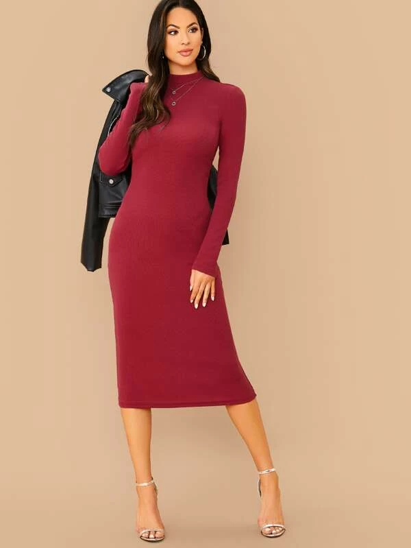 Stand Collar Slim Fit Mock-neck Solid Pencil Dress