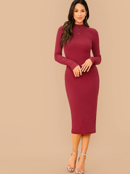 Stand Collar Slim Fit Mock-neck Solid Pencil Dress