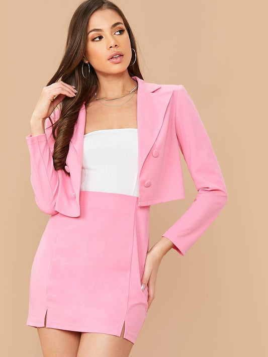 Pink Double Breasted Crop Blazer and M-split Skirt Set