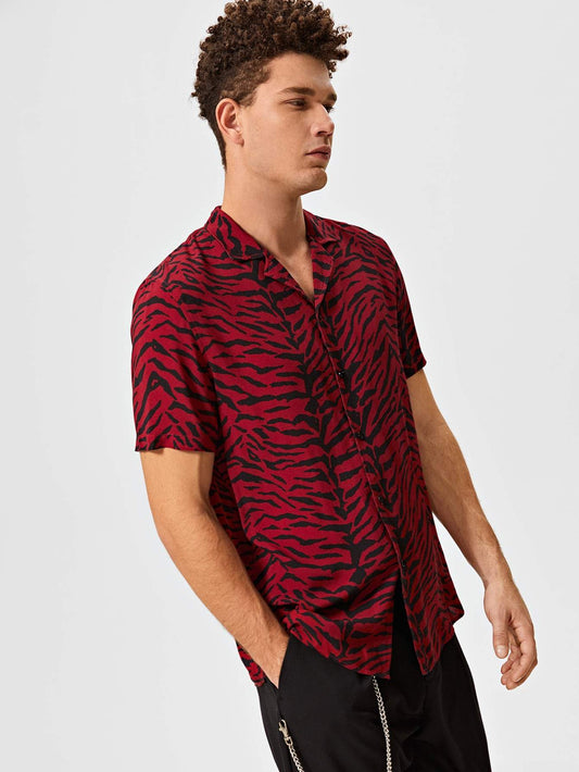 Button Front Men Notched Collar Tiger Striped Shirt