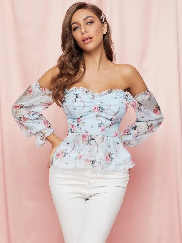 Slim Fit Off Shoulder Shirred Floral Print Peplum Top