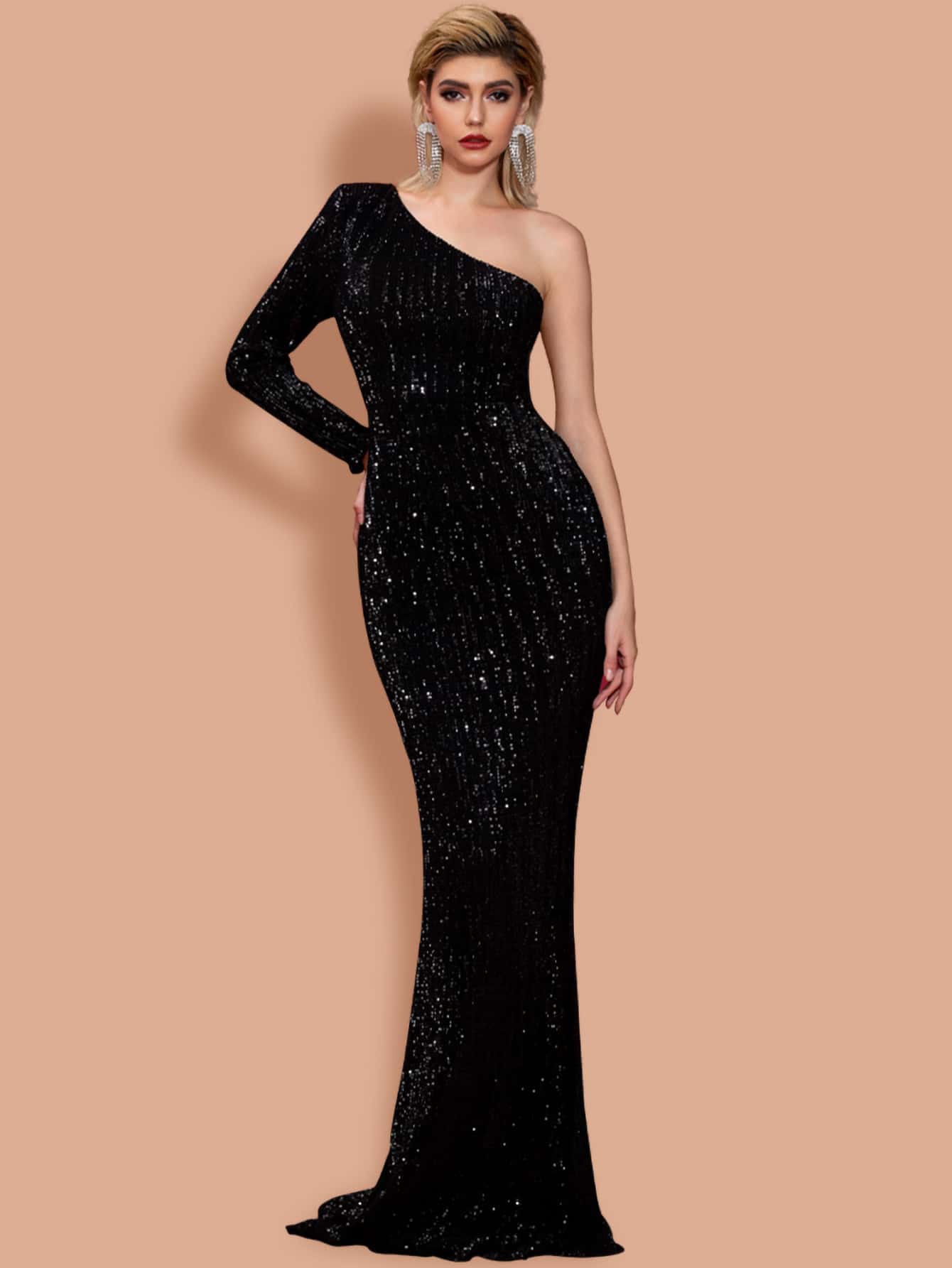 Black One Shoulder Sequin Bodycon Prom Dress