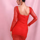 Bright Red Backless Sweetheart Bustier Dobby Mesh Slim Fit Dress