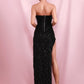 Black V-Neck Sleeveless Plunge Sweetheart High Split Fringe Sequin Dress