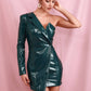 Green High Waist One Shoulder Faux Patent Wrap Dress