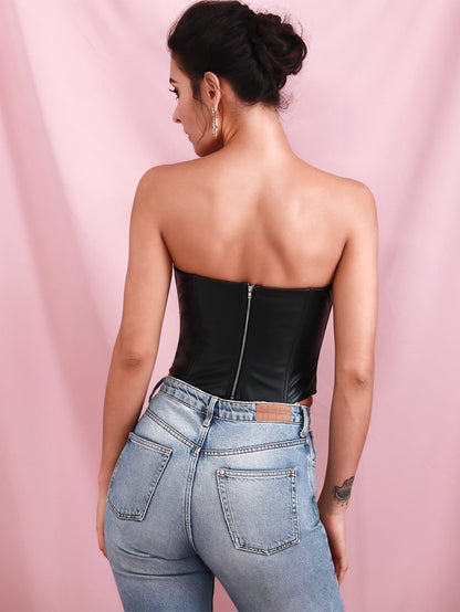 Black Strapless Sleeveless Sweetheart Asymmetrical Hem Leather Look Tube Top