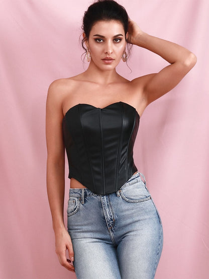 Black Strapless Sleeveless Sweetheart Asymmetrical Hem Leather Look Tube Top