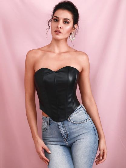 Black Strapless Sleeveless Sweetheart Asymmetrical Hem Leather Look Tube Top