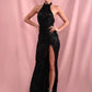Black Sleeveless Halterneck Backless Split Thigh Sequin Slim Fit Prom Dress