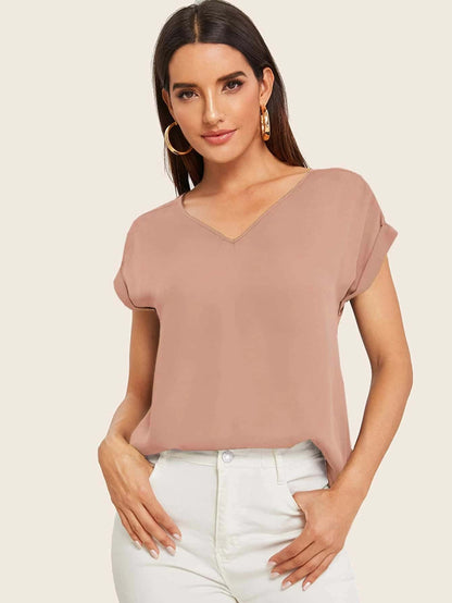 Round Neck Roll Up Sleeve High Low Hem Top