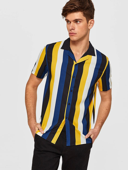 Button Front Revere Collar Colorblock Striped Shirt