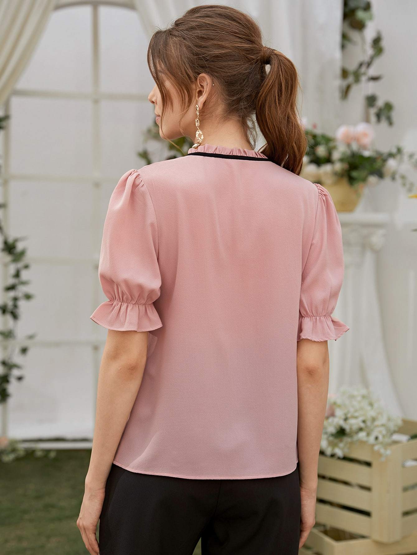 Pin Stand Collar Tie Neck Flounce Sleeve Blouse Top