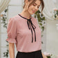 Pin Stand Collar Tie Neck Flounce Sleeve Blouse Top