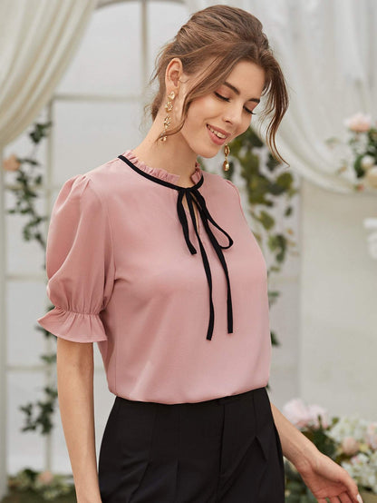 Pin Stand Collar Tie Neck Flounce Sleeve Blouse Top