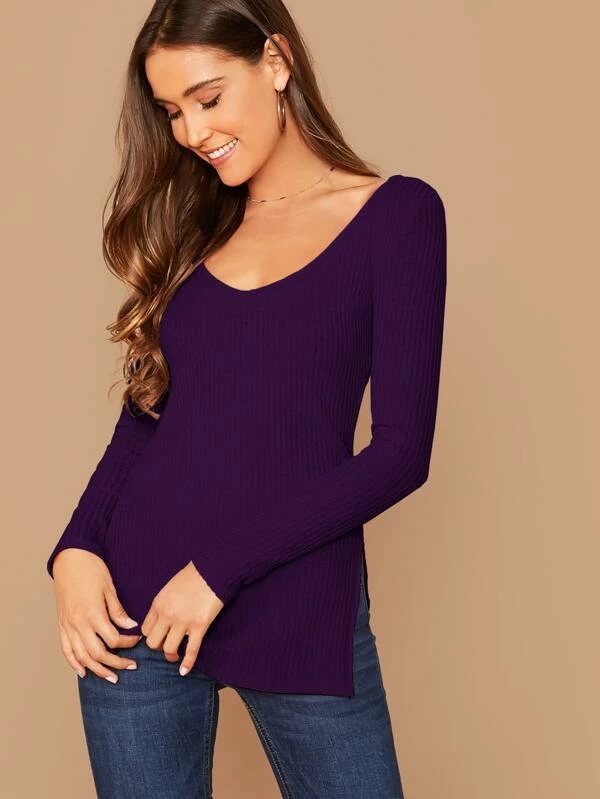 Deep V-Neck Slim Fit Split Side Rib-knit Top