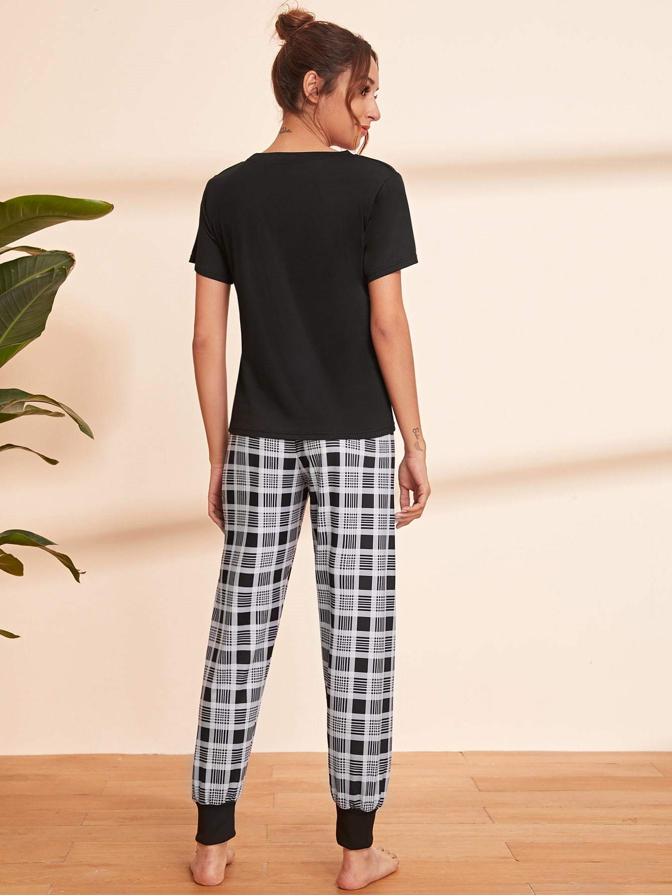 Round Neck Letter Graphic Top and Plaid Trousers Pyjama Sleepwear Set