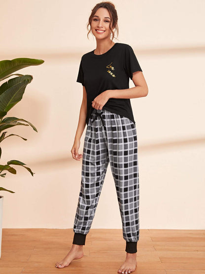 Round Neck Letter Graphic Top and Plaid Trousers Pyjama Sleepwear Set