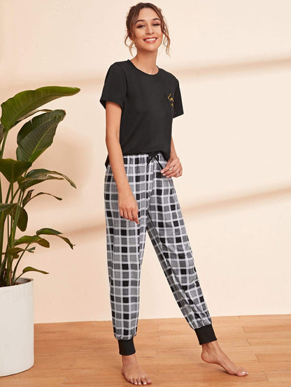 Round Neck Letter Graphic Top and Plaid Trousers Pyjama Sleepwear Set