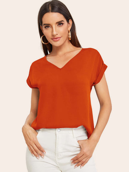 Round Neck Roll Up Sleeve High Low Hem Top