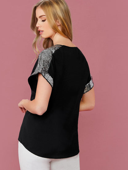 Black Round Neck Contrast Sequin Detail Top