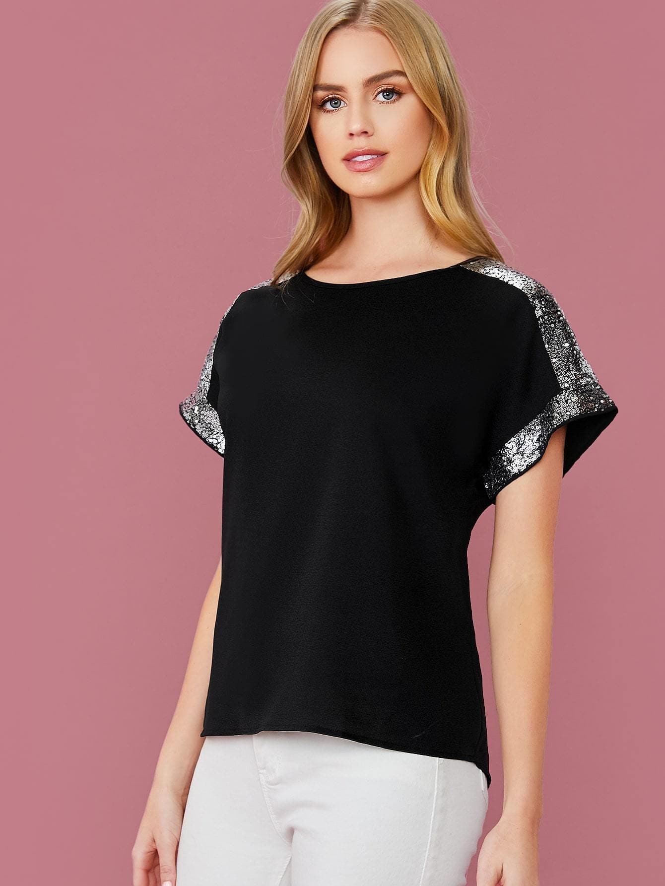 Black Round Neck Contrast Sequin Detail Top