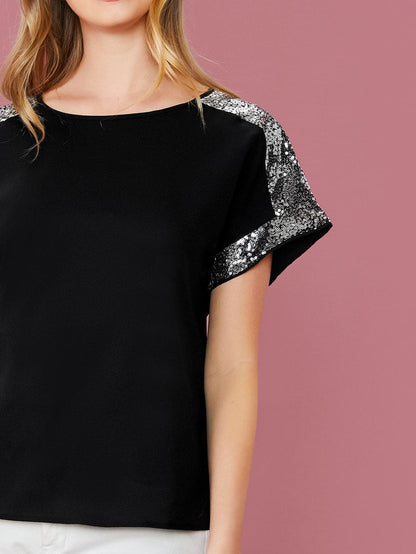 Black Round Neck Contrast Sequin Detail Top