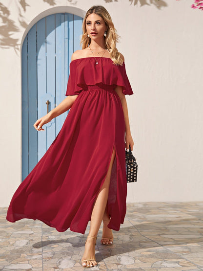 Burgundy Off Shoulder Sleeveless Solid Foldover Split Thigh Bardot Dre Wear.Style Burgundy Off Shoulder Sleeveless Solid Foldover Split Thigh Bardot Dre Wear.Style
