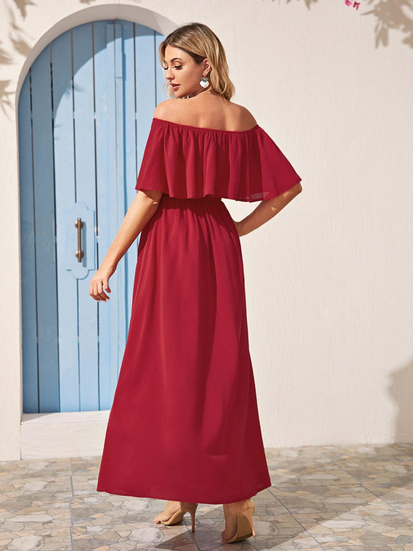 Burgundy Off Shoulder Sleeveless Solid Foldover Split Thigh Bardot Dress