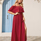 Burgundy Off Shoulder Sleeveless Solid Foldover Split Thigh Bardot Dress