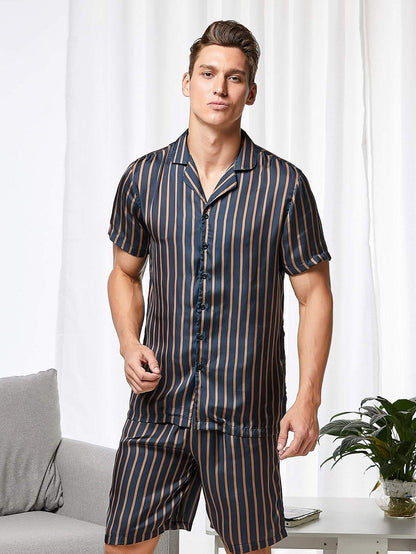 Lapel Neck Striped Shirt and Shorts Payjama Sleepwear Set