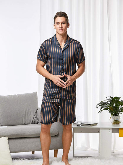 Lapel Neck Striped Shirt and Shorts Payjama Sleepwear Set