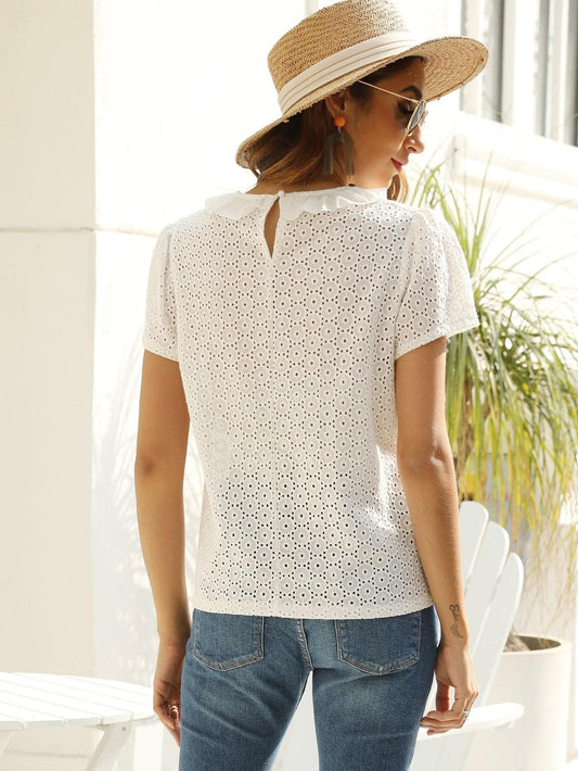 White Round Neck Frill Trim Eyelet Embroidery Blouse Top