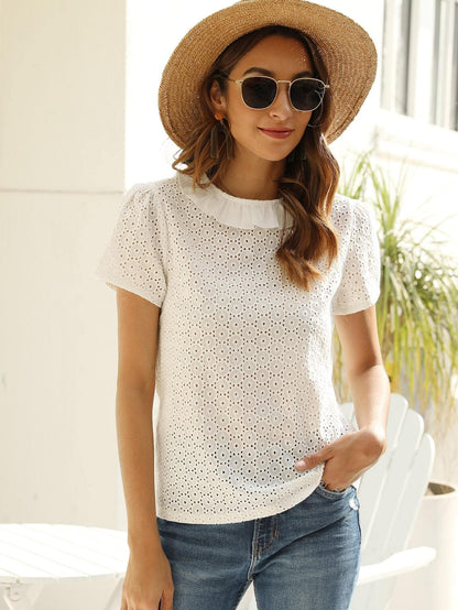 White Round Neck Frill Trim Eyelet Embroidery Blouse Top