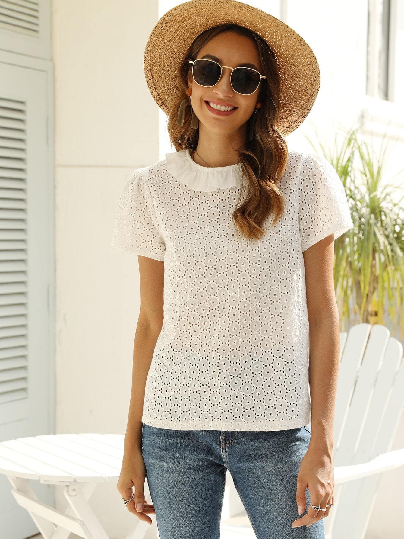 White Round Neck Frill Trim Eyelet Embroidery Blouse Top