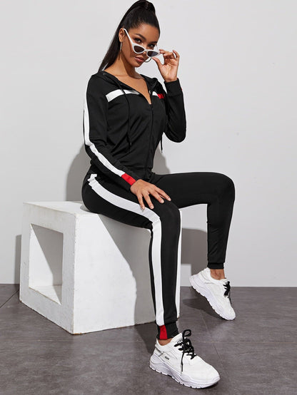 Contrast Panel Zip Up Hoodie and Drawstring Joggers